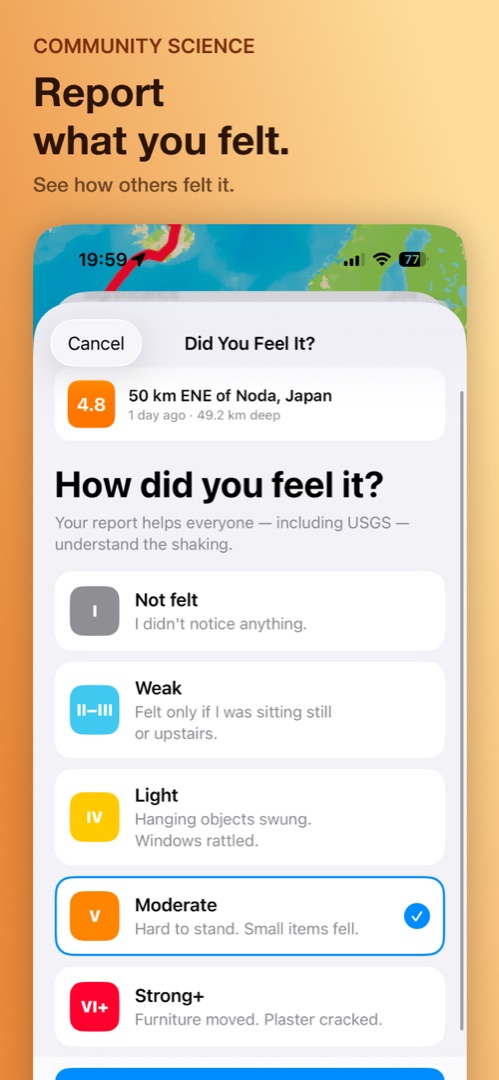 QuakeMate community science - report what you felt